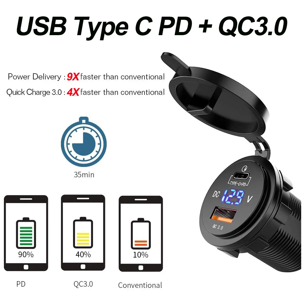 Зарядное устройство для автомобильного прикуривателя PD QC 3.0, розетка для быстрой зарядки, адаптер для Xiaomi iPhone Huawei Type C USB Зарядное устройство Изображение 1