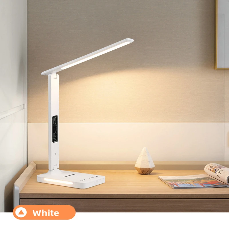 Светодиодная настольная лампа для чтения Беспроводная зарядка с дисплеем Часы Дата Будильник Лампа для защиты глаз с регулируемой яркостью Офисный кабинет Изображение 0