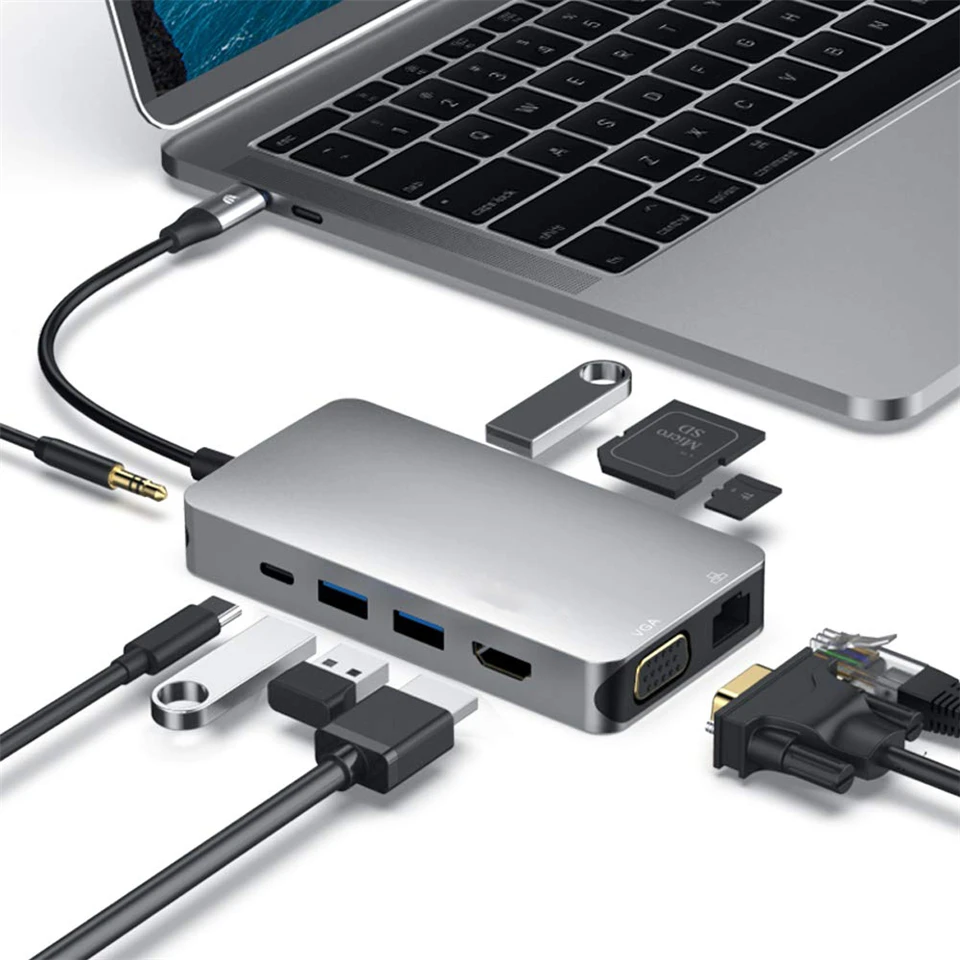 2024 USB-КОНЦЕНТРАТОР 10 в 1 Thunderbolt 3 Type C Адаптер Док-станция 3 Порта USB 3,0 4K HDMI 1080P VGA RJ45 Gigabit Ethernet Для Macbook Pro Изображение 1