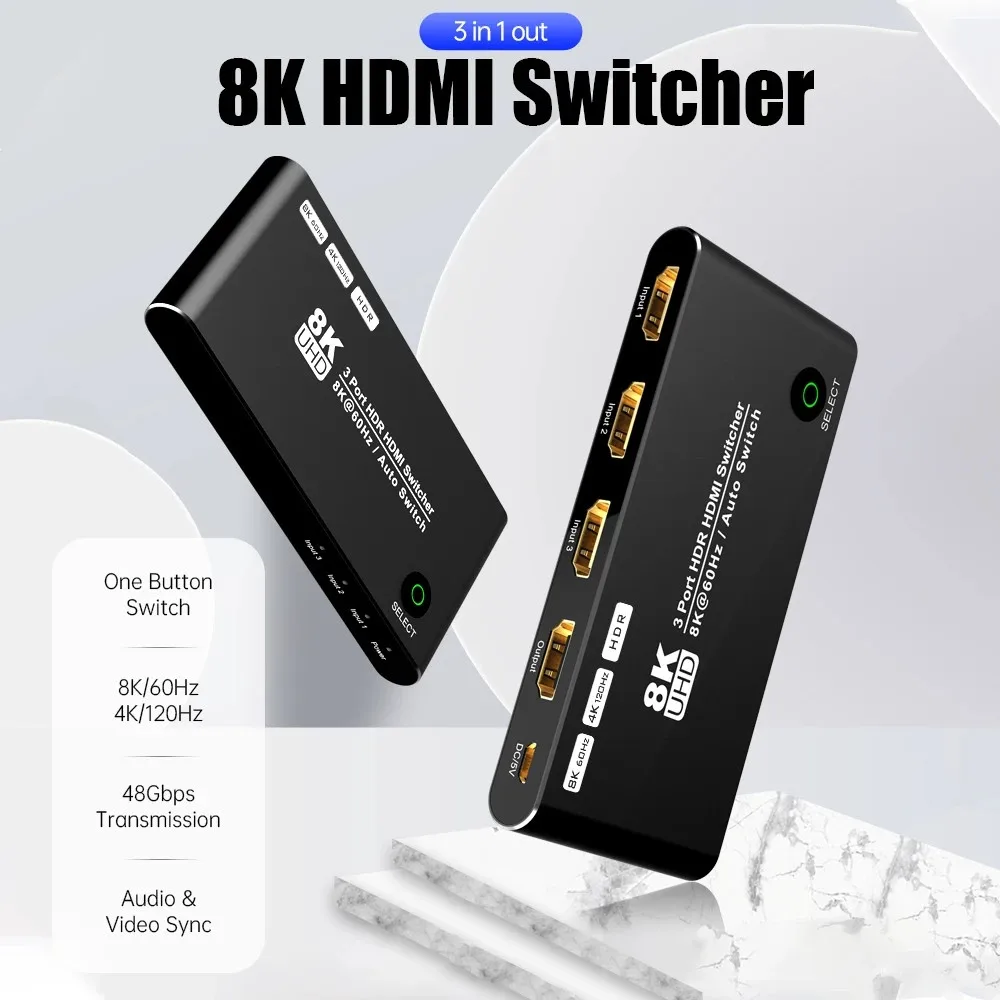 8K HDMI-совместимый переключатель 3 в 1 с выходом, Коробка Переключения HD 2.1, Переключатель Высокой Скорости 48 Гбит/с, 8K @ 60 Гц, 4K @ 120 Гц для Монитора Проекторов PS5 Изображение 0