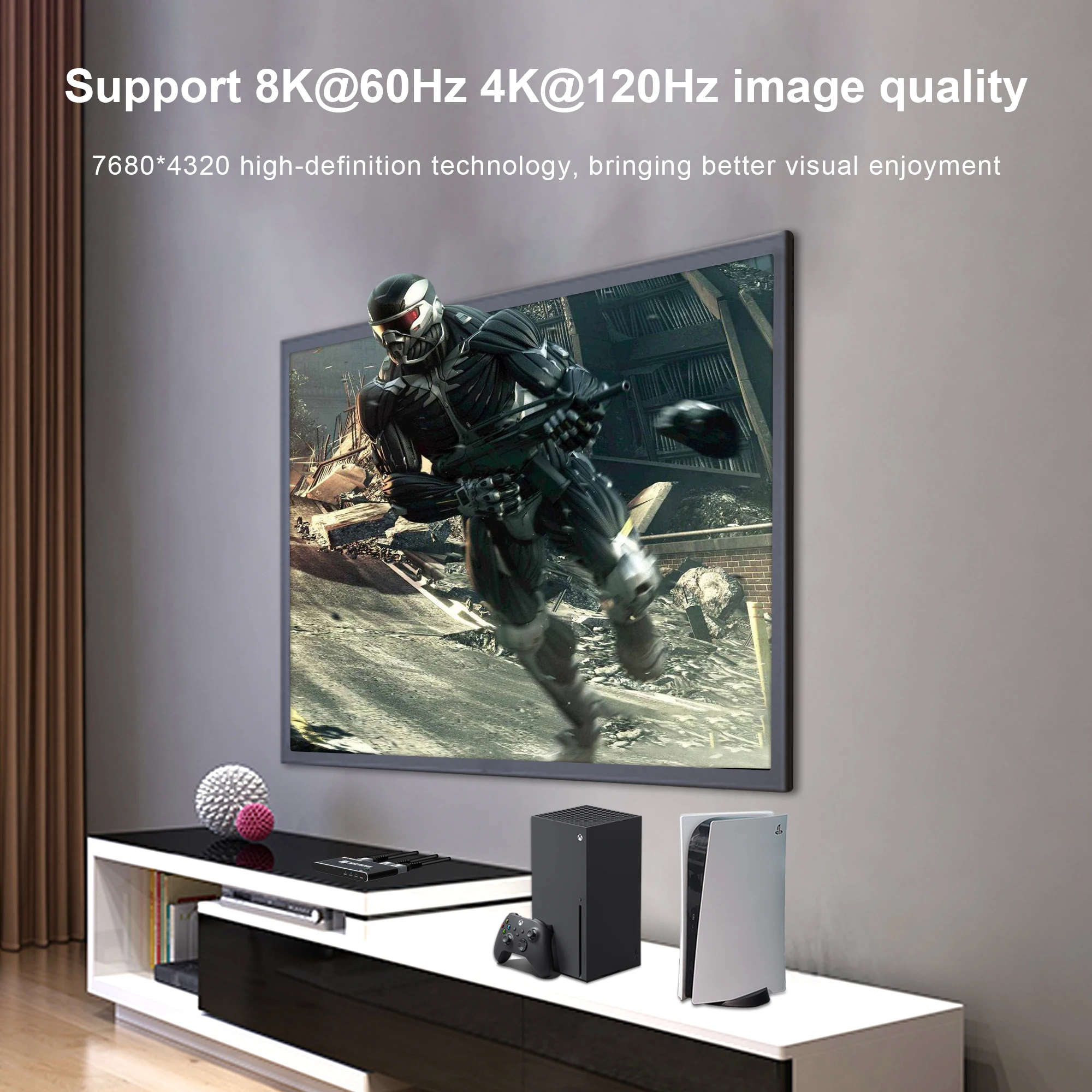 8K HDMI-совместимый переключатель 3 в 1 с выходом, Коробка Переключения HD 2.1, Переключатель Высокой Скорости 48 Гбит/с, 8K @ 60 Гц, 4K @ 120 Гц для Монитора Проекторов PS5 Изображение 2