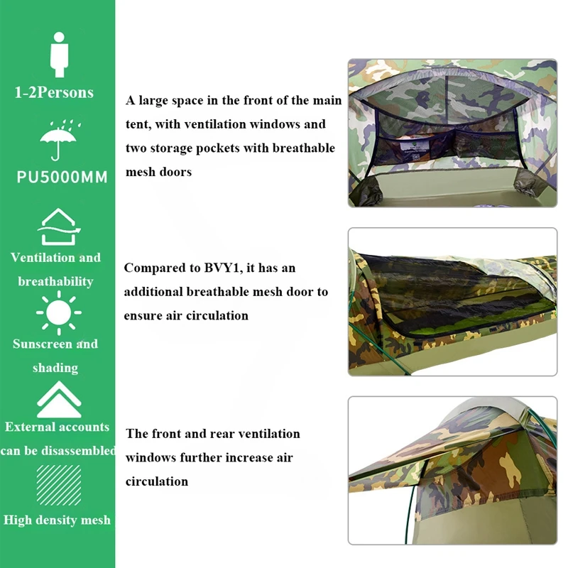 Одиночная Камуфляжная Туннельная Палатка для Кемпинга на открытом воздухе, Портативная Легкая Непромокаемая Нейлоновая ткань, Алюминиевый Полюс, Двойная молния Изображение 3