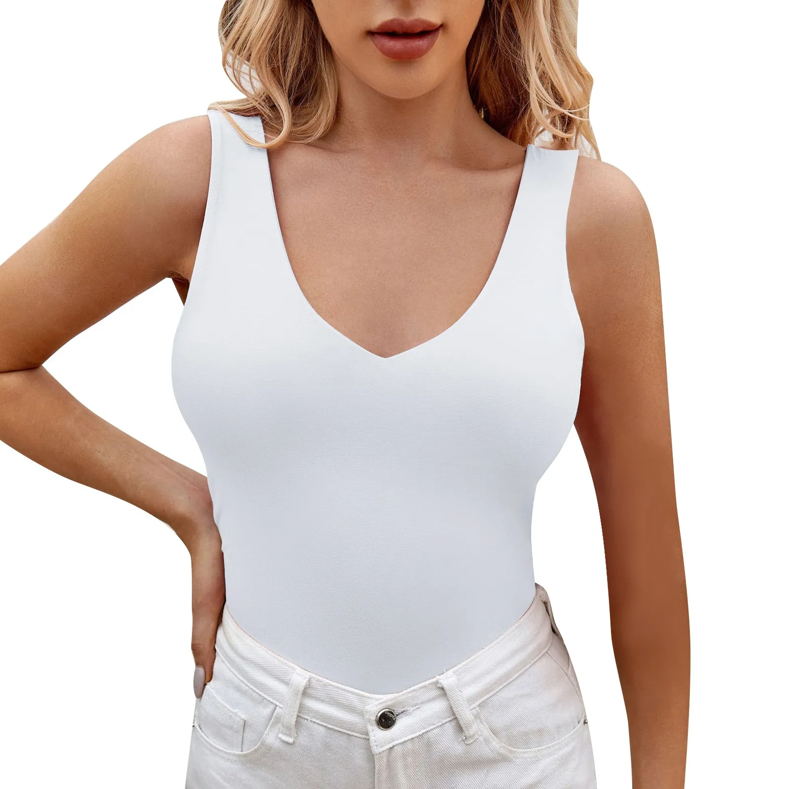 Бесшовный белый корсетный топ, Базовая однотонная футболка, Летняя женская майка без рукавов, Сексуальная майка с глубоким V-образным вырезом, Повседневная тонкая жилетка, блузка Изображение 0