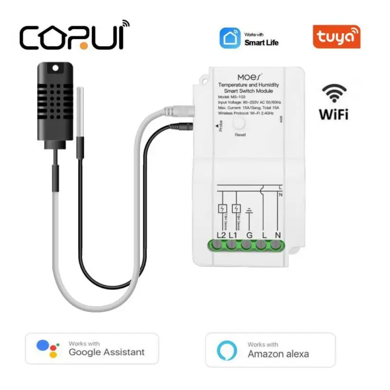 CORUI Tuya WiFi Умный модуль переключения температуры влажности Датчик с двойным релейным выходом Беспроводной контроллер Работа с Alexa Google Изображение 0
