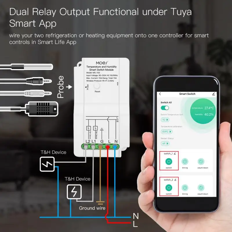 CORUI Tuya WiFi Умный модуль переключения температуры влажности Датчик с двойным релейным выходом Беспроводной контроллер Работа с Alexa Google Изображение 4